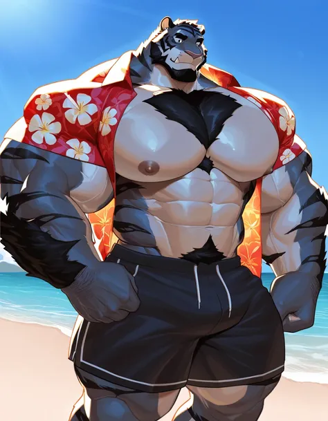 bara tiger, fur, very large pecs, massive muscular, hyper muscular, strong physique, very muscular, perfect anatomy, masterpiece, black beard, black eyes, strong jaw, giant biceps, shirtless, hairy pectorals, solo, great lighting, beach, shorts, hawaiian s...