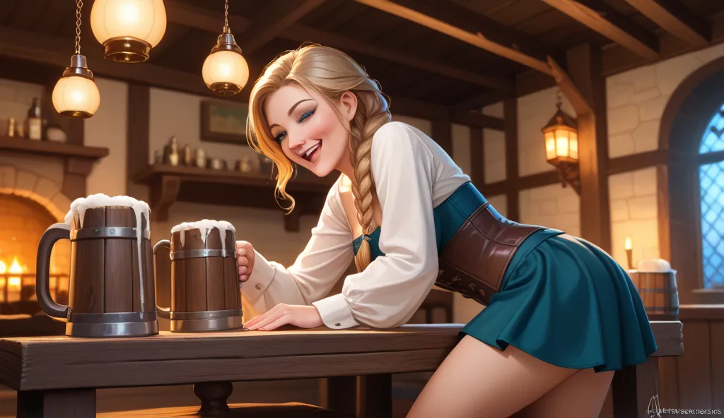 Inside a medieval tavern with a warm and welcoming atmosphere, lit by hanging lanterns and the soft glow of the fireplace. A beautiful young woman with long braided hair sits casually on a wooden bench, her legs slightly open, revealing her lace-trimmed pa...