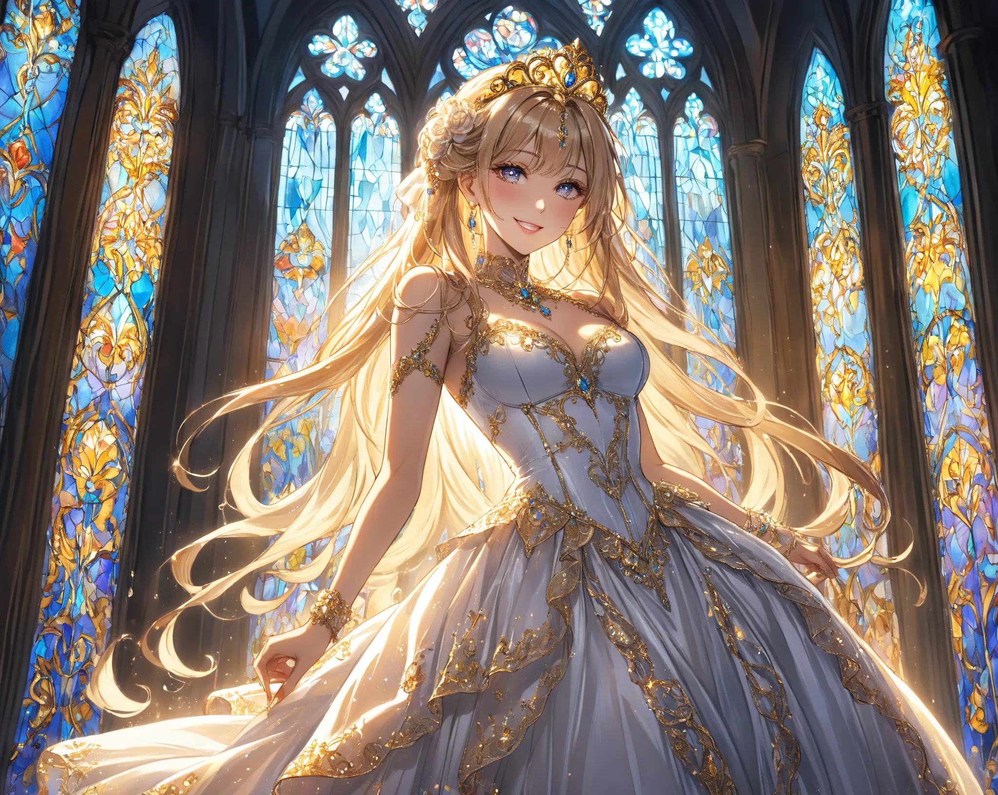  anime、 anime調、 animeイラスト、2.5D、 stained glass、Illuminated by stained glass light、Woman with an oblique angle、（Retrospective beauty pose , skirt）、A Beautiful Teenage Woman( big smile full of happiness 、 supple and curved proportions)。
 (Venetian Style 、dari...