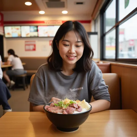 A 20-year-old Japanese woman eats a beef bowl、Inside Yoshinoya