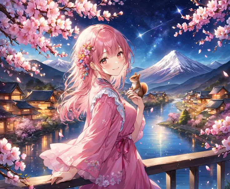 （ Masterpiece、  best quality 、8k、  high resolution )、 1 girl、 pink clothes、 upper body up、smile、Fancy hairstyle、 glitter、 colorful flowers、 cherry blossoms in full bloom、There is a squirrel、 cherry blossoms at night、 starry sky 、Mountain view、spring、桜の pet...