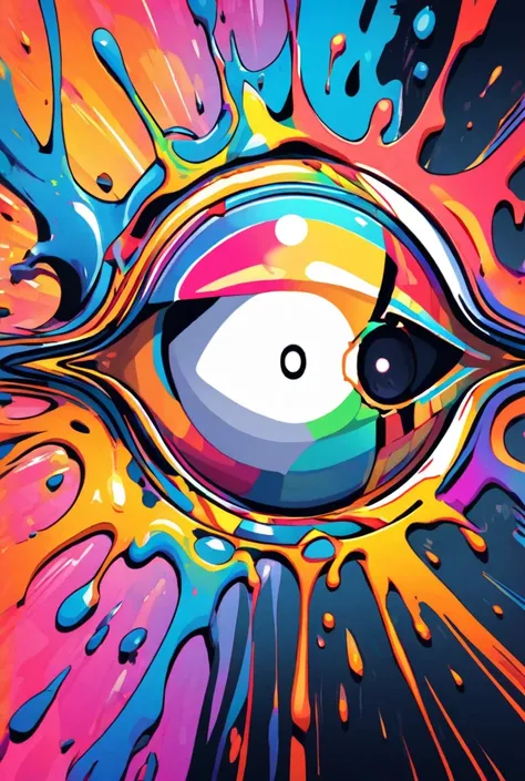 Create a simple single-eye logo in the center of the image from inside the iris dripping with paint of various colors 