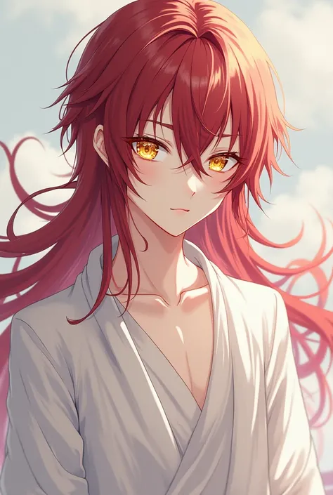 An anime boy, long wine red hair,  your eyes are golden, your skin is pale, his clothes are white.
