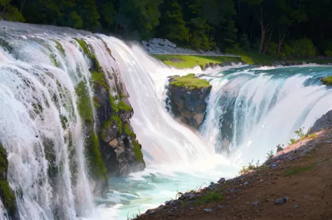 there is a waterfall that is flowing down the side of a hill, water falls, an endless waterfall, waterfall falling down, a river flowing with waterfall, huge waterfall, with waterfalls, huge waterfalls, water fall, multiple waterfalls, waterfalls and lakes...