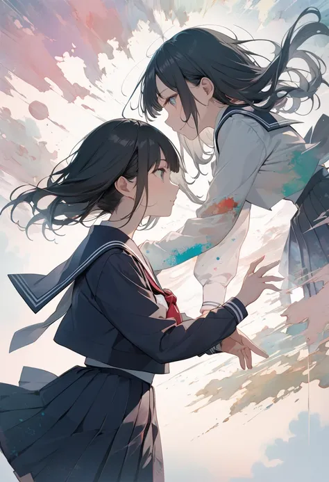 (masterpiece, best quality),(double exposure: 1.2), subtle colors, post-grunge,  paint splatters, intricate details, detailed depiction,A whimsical,anime-style illustration of two modern Japanese high school girls recreating the iconic pose from Michelange...