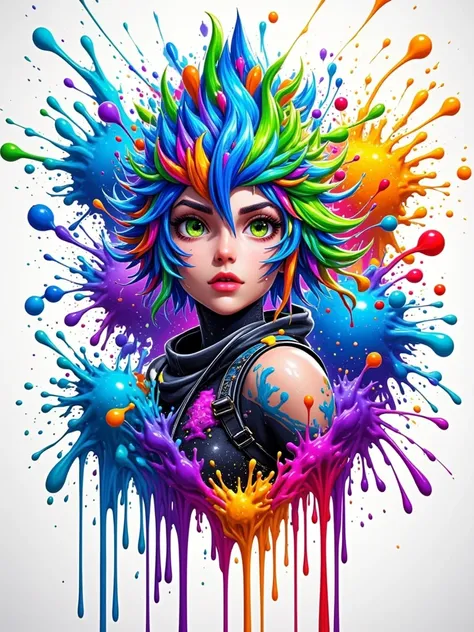 1girl, solo, splash art, Fortnite style, portrait poster, ((White background)), ((Colorful ink splash style:1.5)), contour,Super detailed complex detailed, Unreal Engine,fantastic, intricate details, splash screen, complementary colors, fantasy concept art...