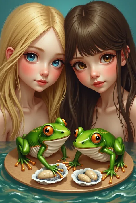 A blonde girl with half a hair, Blue eyes and another girl with long brown hair and bangs, Brown eyes and golden frogs eating oysters and crabs together. In one more style by art . The blonde girl has no bangs.. Don't let frogs appear