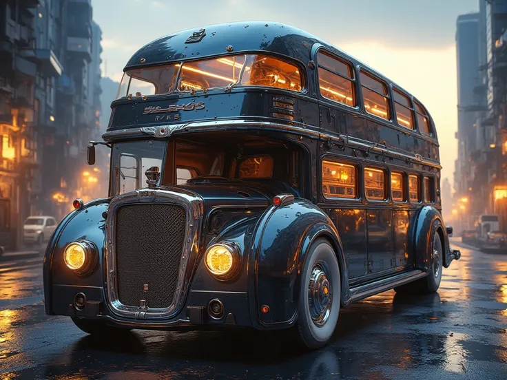 A futuristic yet sophisticated double-decker bus with an exterior design inspired by vintage sports cars. The body combines sleek, aerodynamic curves with retro aesthetics, featuring polished chrome details, exposed rivets, and a deep, glossy paint finish ...