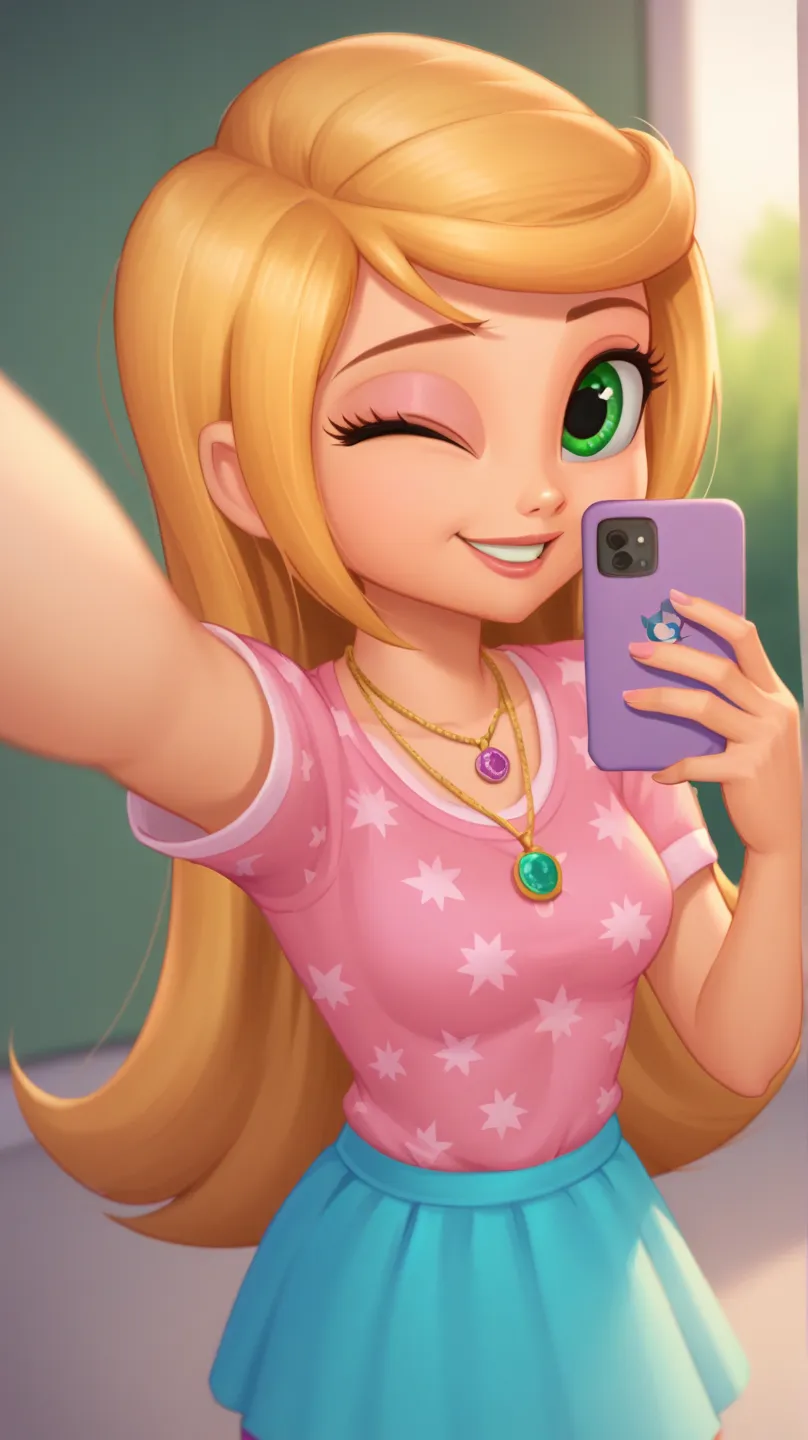 score_9, score_8, score_7, BREAK, solo, female . leah_sas, blonde hair, long hair, green eyes, necklace, skirt, cute, one eye closed, selfie