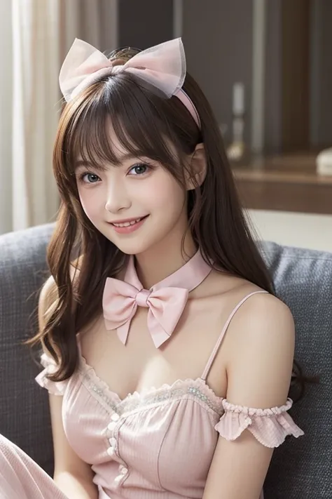  Realistic Photo Quality 、There is a woman sitting on a sofa with a navy blue bow tie,I'm wearing a pastel pink dress、Detailed and beautiful eyes、 cute smiles 、 soft and gentle expression 、 has a smiling face