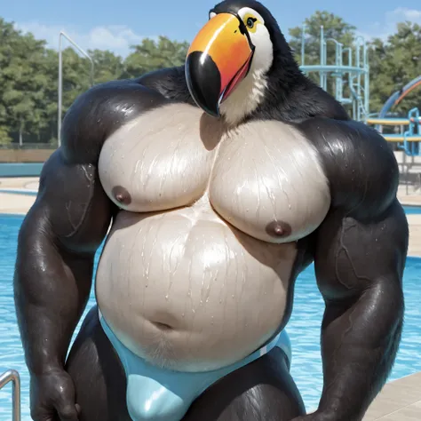 furry male, solo, bara, bare pectorals, biceps, detailed fur, Toucan boy, older, looking at viewer, huge bodybuilder, (fat belly:1.05), muscular male, nipples, veins, big pectorals, big butt, standing, ((topless, light blue speedo, thin speedo)), (front vi...