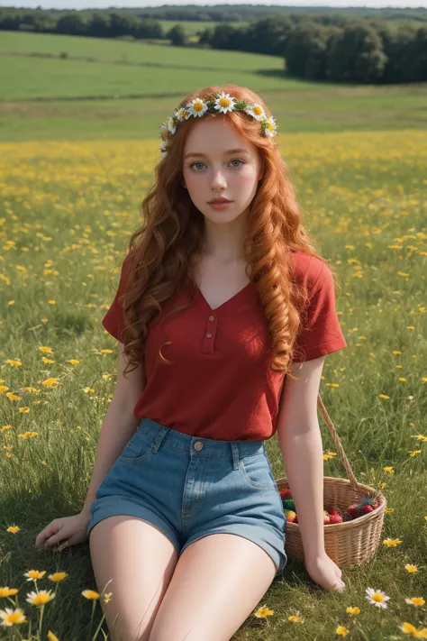 (girl:1.2),alone, (long ginger curly hair:1.1), brown eyes, Wearing a daisy wreath on your head, Sit in a daisy field, (fruit basket:1.1), blue shorts, red shirt,,raw,photographic,photo shadows,actual,Ridiculous,Aesthetic,elegant
