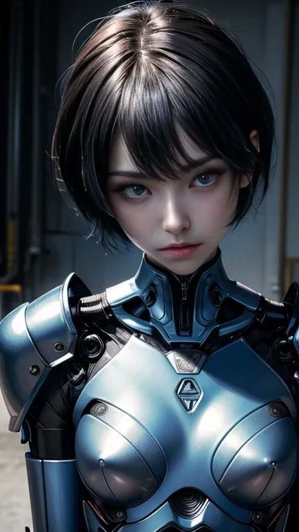 nsfw((( masterpiece))), ((( top quality))), (( ultra high resolution)), (very detailed pictures  ), (( very delicate and beautiful)),( cute delicate face ), ((High Performance Cyborg Girl  )),(blue and black robot armor) ,(have a gun ready), (Inside the Ma...