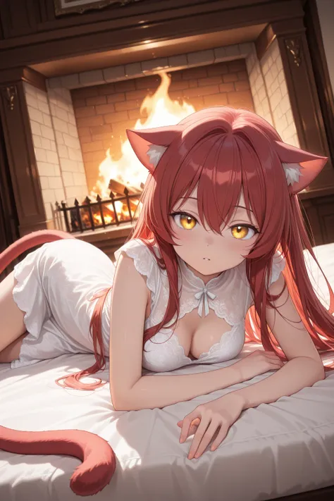 1girl,golden eyes,red hair, red hair, long hair, ((medium breasts)), loli, very cute, lovely, cat girl, red cat ears, red cat tail, lying curled, lies in front of a fireplace in the living room
 sleeping, white lace dress (masterpiece), (highest quality), ...