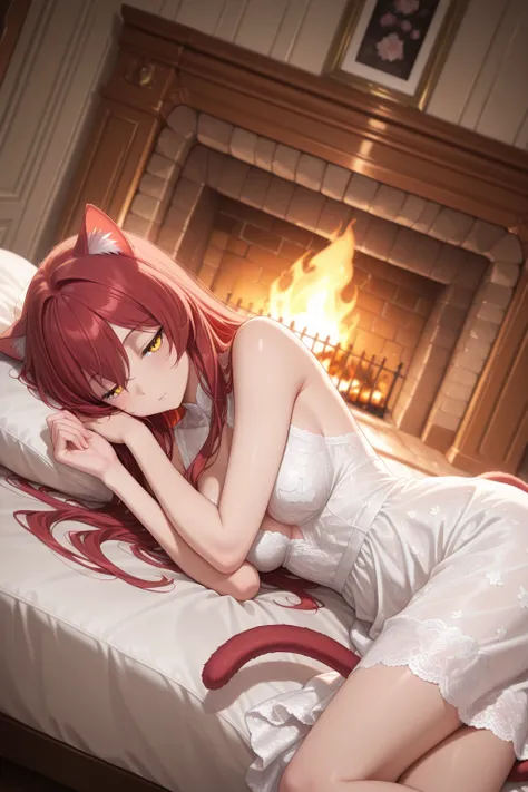 1girl,golden eyes,red hair, red hair, long hair, ((medium breasts)), very cute, lovely, cat girl, red cat ears, red cat tail, lying curled, lies in front of a fireplace in the living room
 sleeping, white lace dress (masterpiece), (highest quality), (very ...