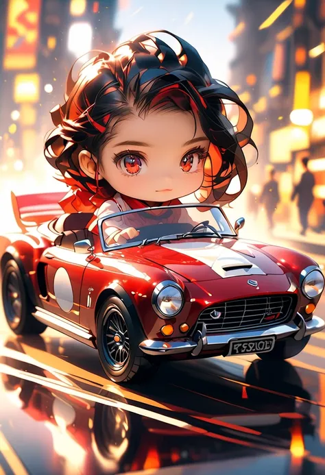 (Photorealistic vintage sports car, detailed chrome trim, smooth red body, glossy black rims, glossy paint, cute girl driving, dramatic lighting, cinematic angles, intricate engine details, reflective surfaces, , ((deformed character, chibi style, anime st...