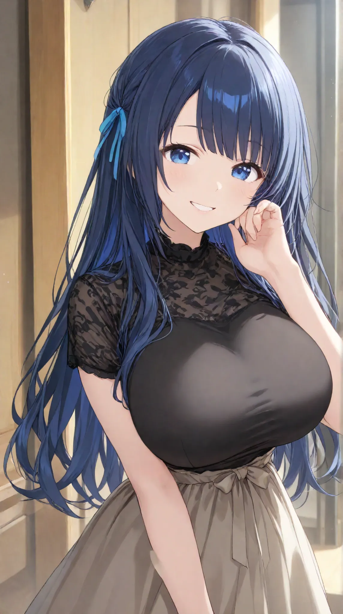 Big Breasts,   long hair,   black hair , bangs,    ,  smile,  ,  smiles,   , （One girl 1.5）, blue hair ribbon、（ 1.5）solo、diagonal bangs,