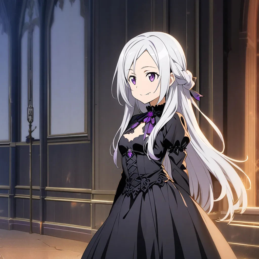 Girl, Sawada Tsunayoshi \(Sword Art Online\), , (long hair), (silvery white hair), (purple eyes), (goth-loly dress), 1girl, (standing elegantly), (smiling softly), (small vampire fangs).