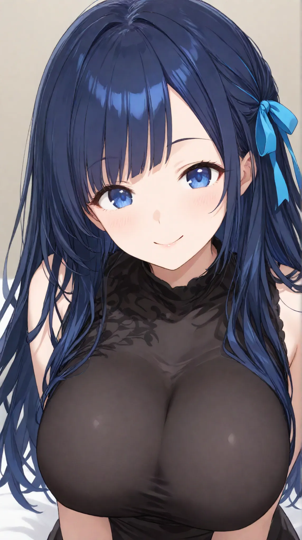 Big Breasts,   long hair,   black hair , bangs,    ,  smile,  ,  smiles,   , （One girl 1.5）, blue hair ribbon、（ 1.5）solo、diagonal bangs,