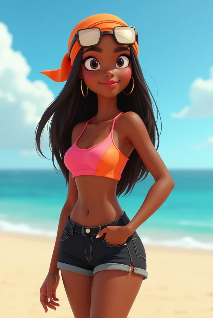  Make me a Pixar cartoon of a girl on the beach short black jeans and orange swimsuit on one side and pink on the other. She is light brown skin,  long straight hair, Thick lips and he has an orange scarf on his head with some urban white lenses on his hea...