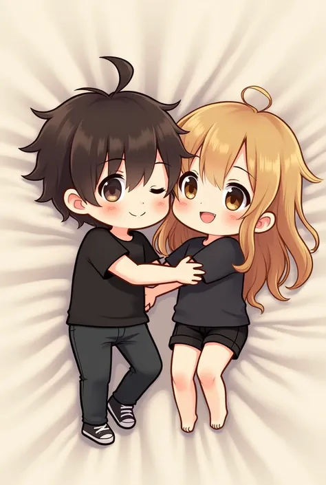  in chibi style, nice little men.A boy dressed in a black t-shirt and , pants with dark brown eyes and dark brown hair gathered in a small bun on his head, girl with golden hair up to her shoulders with bangs and dark brown eyes dressed in a black t-shirt ...