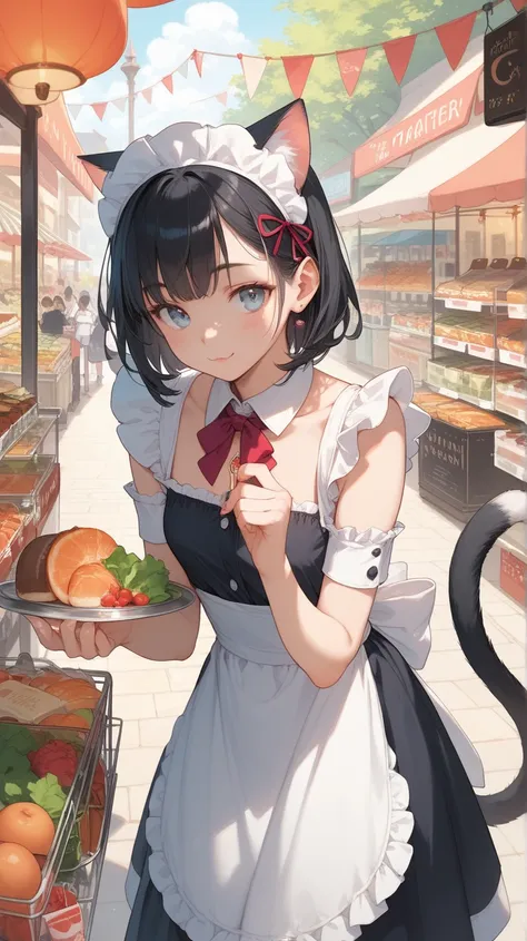    black hair, Glass, cat ears, cat&#39; s Tail, Maid,   shopping at the market  