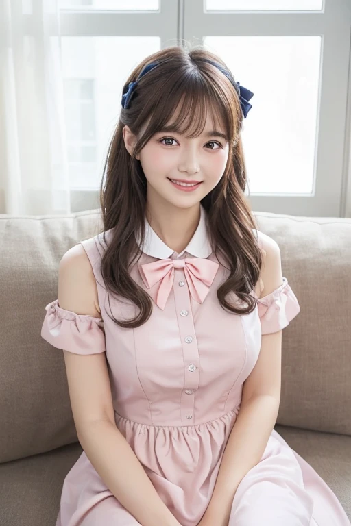  Realistic Photo Quality 、 There is a woman sitting on the sofa wearing a pastel pink dress with a navy blue bow tie,I'm wearing a pastel pink dress with a large white collar、Detailed and beautiful eyes、 cute smiles 、 soft and gentle expression 、 has a smi...