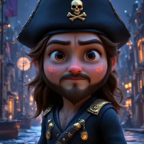 lose-up portrait of a chibi-style pirate captain in Pixar-quality 3D rendering. Focus on his face while ensuring the full body and background remain visible. The captain appears around 35 years old, exuding confidence, wisdom, and charm. He is handsome and...