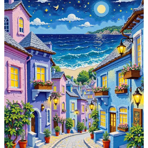 Color texture painting，Plaster texture，Beautiful seaside town， night view。