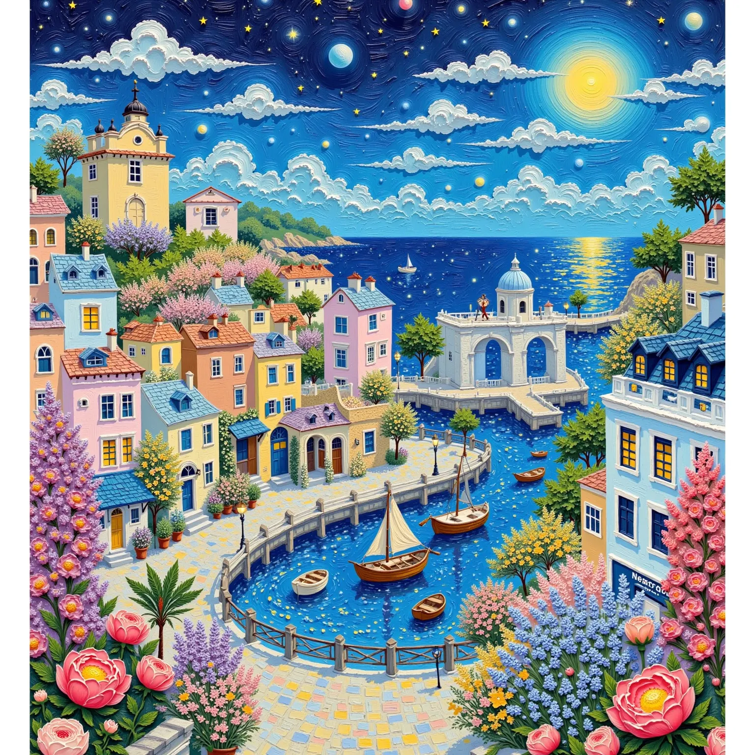 Color texture painting，Plaster texture，Beautiful seaside town， night view。