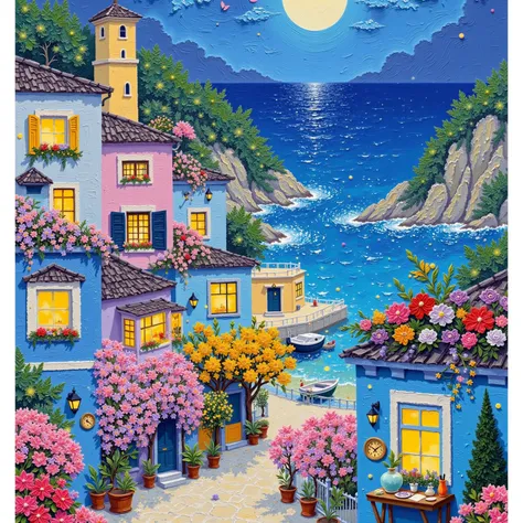 Color texture painting，Plaster texture，Beautiful seaside town， night view。