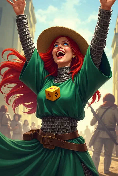 A cheerful female cleric celebrating joyfully. She has long, flowing red hair with black tips and wears a straw hat similar to a capones. Her chainmail armor is covered by a flowing green tunic with a cube symbol. Her bright blue eyes shine with excitement...