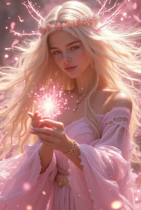 upper body, god ray, hold up a luminous magic wand, full of light, petals dancing in the wind, blonde hair, gentle smile, floating hair, head wreath, pink tones, textured skin, high details, super detail