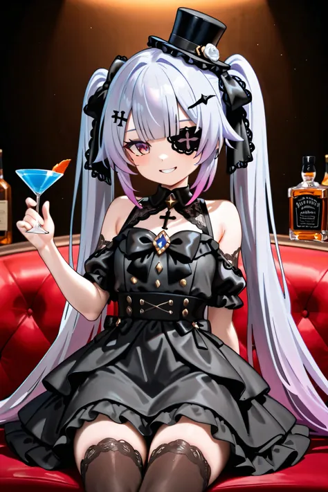 "best quality, in 8K resolution, rich contrast, sharp focus. Anime-style gothic lolita character with lavender hair styled in long straight twin-tails flowing down her back, silky hair, flipped hair, blunt bangs, tied with black long ribbons that reach her...