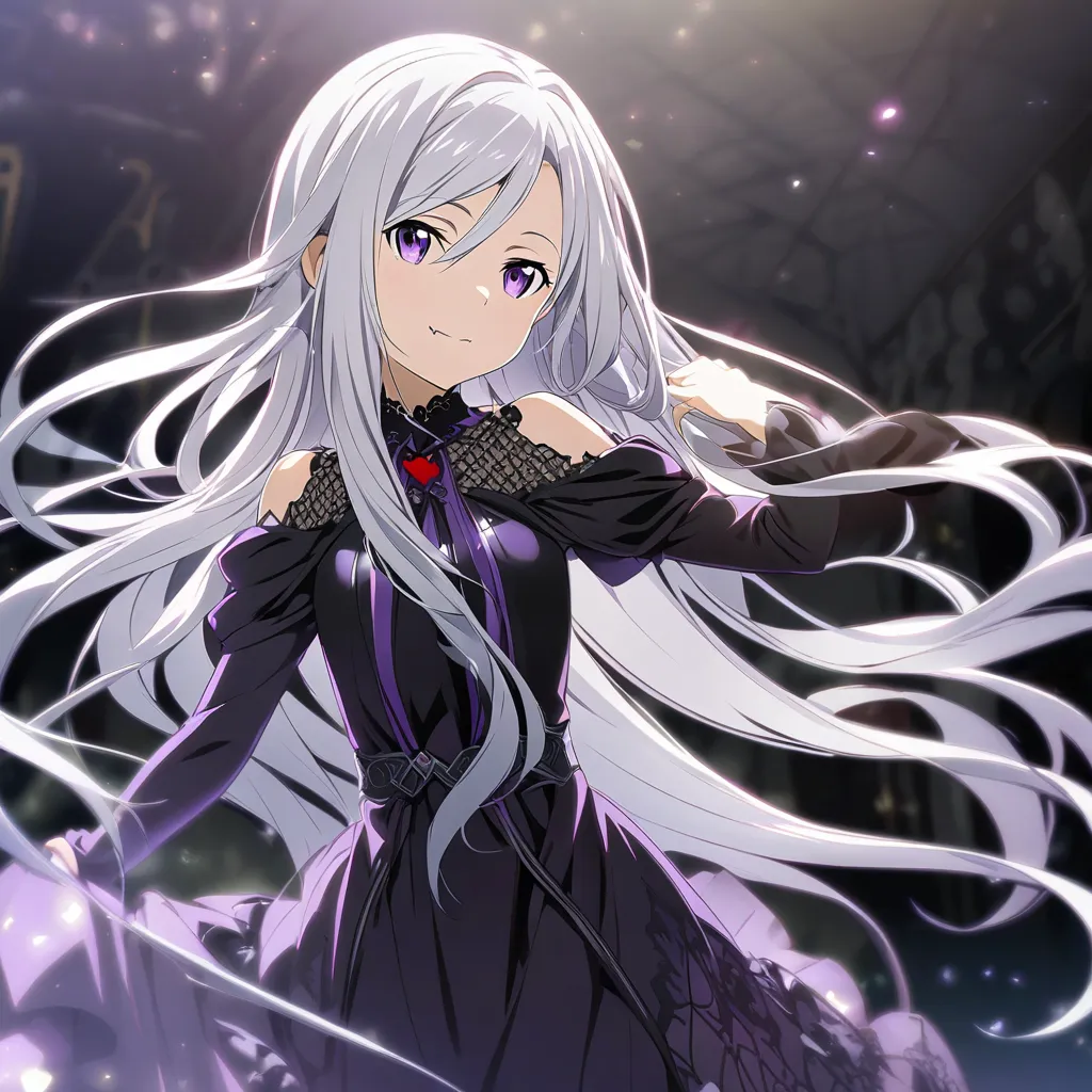 Girl, Kohinata Miku\(Sword Art Online\), (), (shoulder length hair), (shiny hair), (silvery white hair), (flowing hair), (bright purple eyes), (goth-loly dress), 1girl, (standing elegantly), (smiling softly), (small vampire fangs).