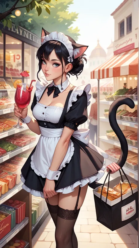    black hair, Glass, cat ears, cat&#39; s Tail, Maid,   shopping at the market  