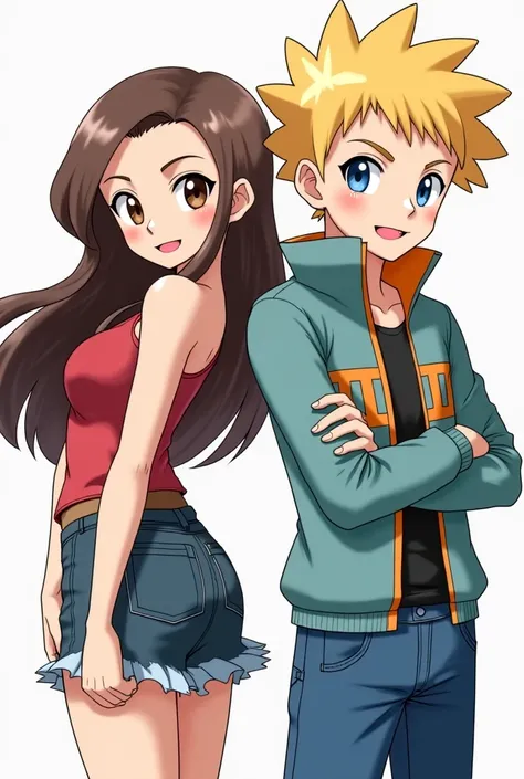  An image with two Pokemon trainers doing a pose. One is a girl with long brown hair ,She measures 158cm , She has a lot of ass and has brown eyes . The other is a blonde boy of 188 cm with blue eyes ,It has a tapper fade cut