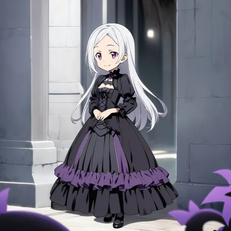 Girl, Sawada Tsunayoshi \(Sword Art Online\), , (long hair), (silvery white hair), (purple eyes), (goth-loly dress), 1girl, (standing elegantly), (smiling softly), (small vampire fangs).