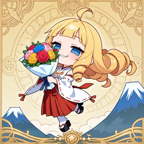 upper body, a Chibi Character, 
Solo, a girl, blonde, long hair, drill hair, floating hair, blunt bangs, ahoge, blue eyes, slant eyes, narrow eyes, naughty face, 
BREAK, 
nontraditional miko, Black platform geta, 

holding a Colorful bouquet, Golden Japane...