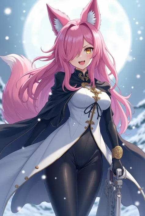 ( maximum quality,  best quality,  official art , beautiful and aesthetic :1.2) female anime, wolf girl, rebellious girl,  long pink hair with bangs covering the right side of her face,  golden eyes, pink wolf ears, pink voluminous tail,  voluminous white ...