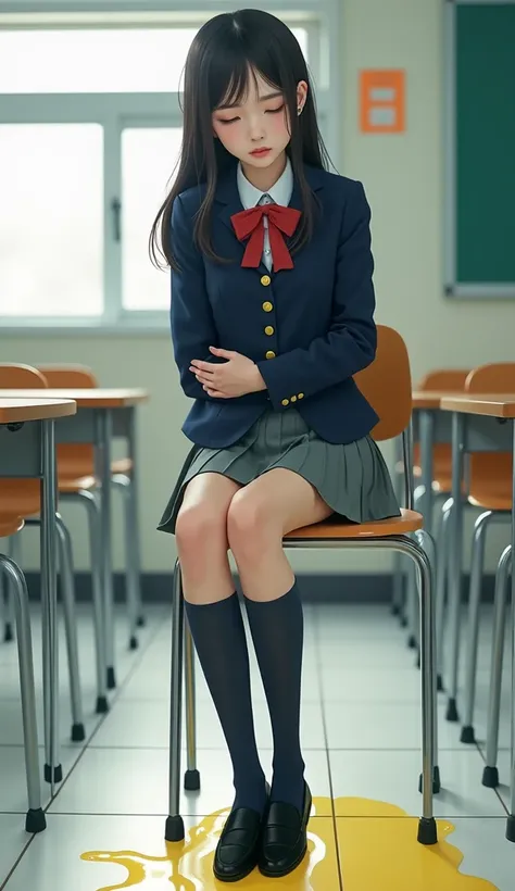 navy blue blazer with gold buttons on a white shirt, with a red ribbon on the chest, grey pleated skirt, dark blue high socks,Black school loafers, black hair long hair,Neat Lady ,Beauty,教室の椅子に座ったままUrinary incontinence,Make a pale fluorescent yellow, trans...