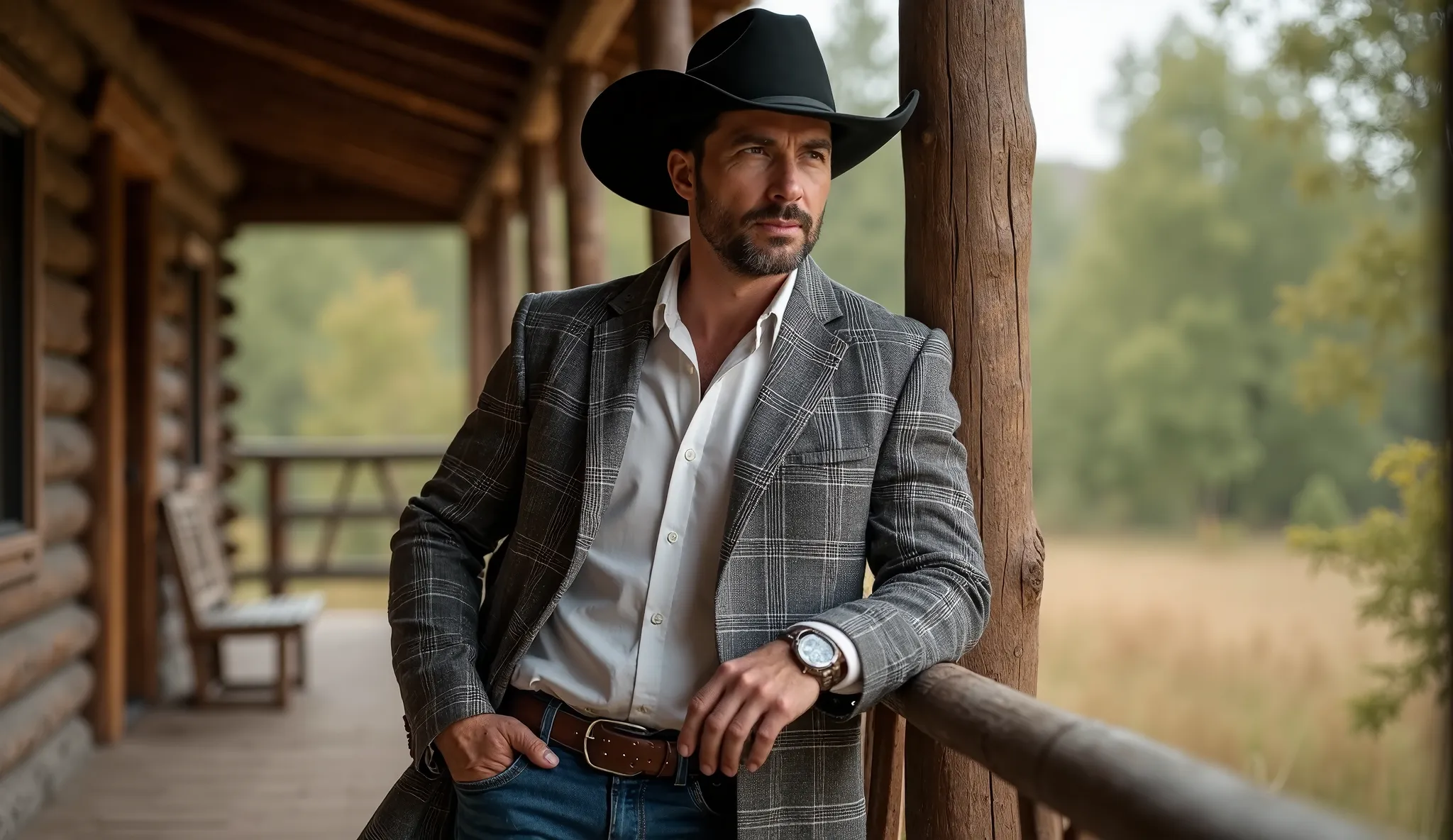 (photorealism:1.2),"A man stands confidently in a rugged outdoor setting, leaning slightly against a wooden railing. He wears a black cowboy hat, a grey plaid blazer over a white shirt, and blue jeans. His expression is calm and self-assured as he gazes in...