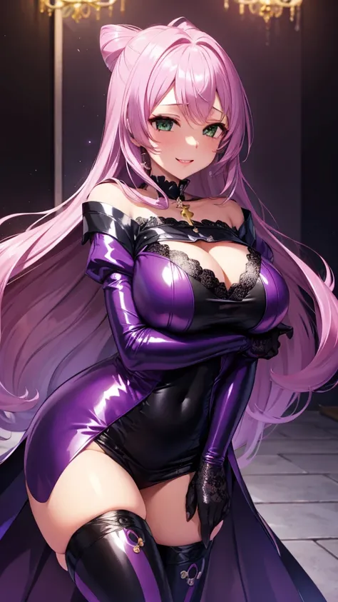  erotic、Mimosa、Big Breasts、 shiny black and purple sequin dress、 long skirt 、exquisite lace pattern、 thigh-high boots、purple love hotel with dark lights、black wall 、Evil grin、despise、 look down、Open your mouth slightly、 Evil Female Executives、adult、Married...