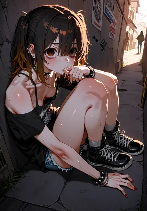 sfw,gyaru,punk, girls flock, black hair,gradient brown_hair,small breast,[emaciated:1.3],hungry,depressed,cheap_casual_wear,downblouse,Widening one’s eyes,looking at viewer,hugging own legs,sweat,suck own finger,empty eyes,leaning on wall,sit on back alley...