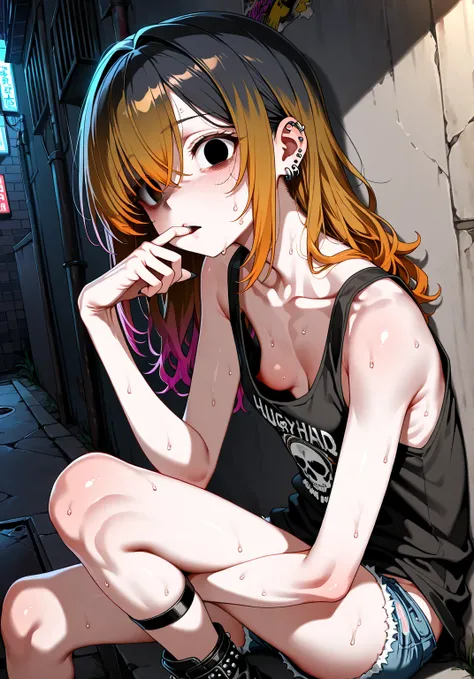 sfw,gyaru,punk, girls Herd, black hair,gradient brown_hair,small breast,[emaciated:1.3],hungry,depressed,cheap_casual_wear,downblouse,Widening one’s eyes,looking at viewer,hugging own legs,sweat,suck own finger,empty eyes,leaning on wall,sit on back alley,...