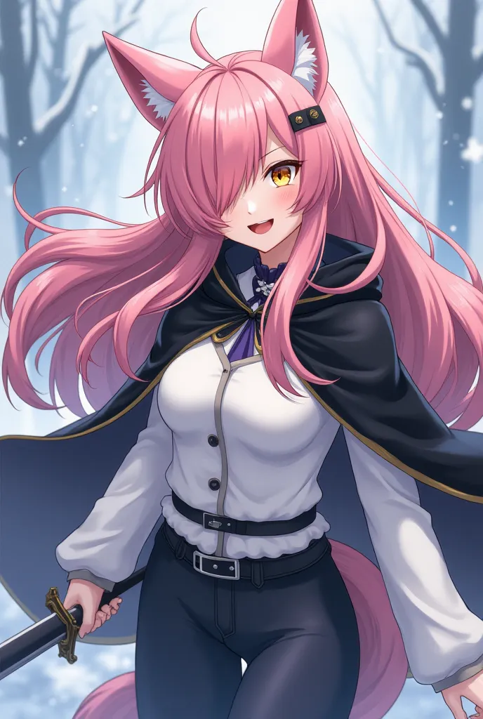 ( maximum quality,  best quality,  official art , beautiful and aesthetic :1.2) female anime, wolf girl, rebellious girl,  long pink hair with bangs covering the right side of her face,  golden eyes, pink wolf ears, pink voluminous tail,  voluminous white ...