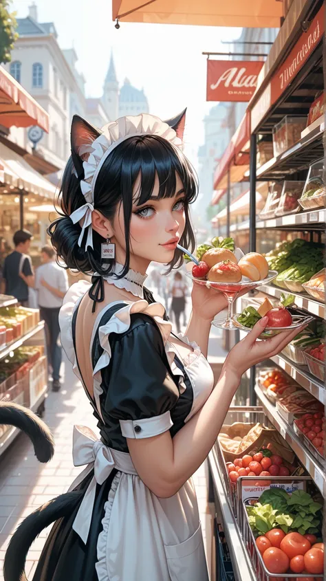    black hair, Glass, cat ears, cat&#39; s Tail, Maid,   shopping at the market  