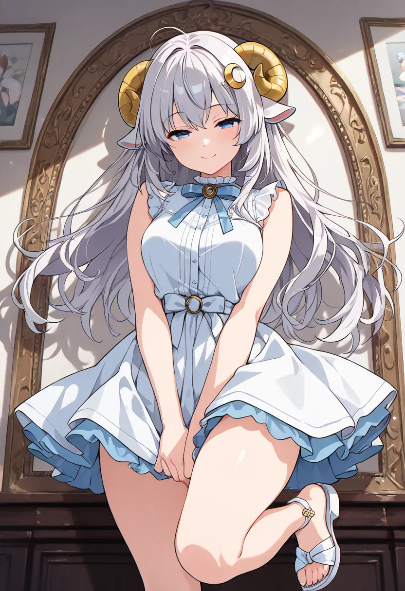 ((masterpiece)),((best quality)),japanese anime style,1 girl,Silver hair with a slight tinge of blue,sleepy eyes of purplish blue,half-closed eyes,sheep horn,beautiful face,perfect body,navy sleeveless blouse,white knee length skirt,white sandals,crescent ...