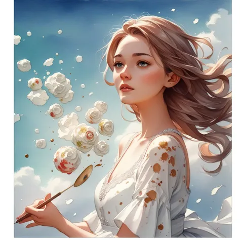 A woman in a flowing dress, digital art, official art, blowing in the wind, masterpiece, beautiful, ((watercolor)), paint splatters, complex details, detailed, [flowing:0.5], popular on ArtStation, by Rachel Walker