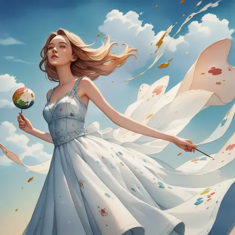 A woman in a flowing dress, digital art, official art, blowing in the wind, masterpiece, beautiful, ((watercolor)), paint splatters, complex details, detailed, [flowing:0.5], popular on ArtStation, by Rachel Walker